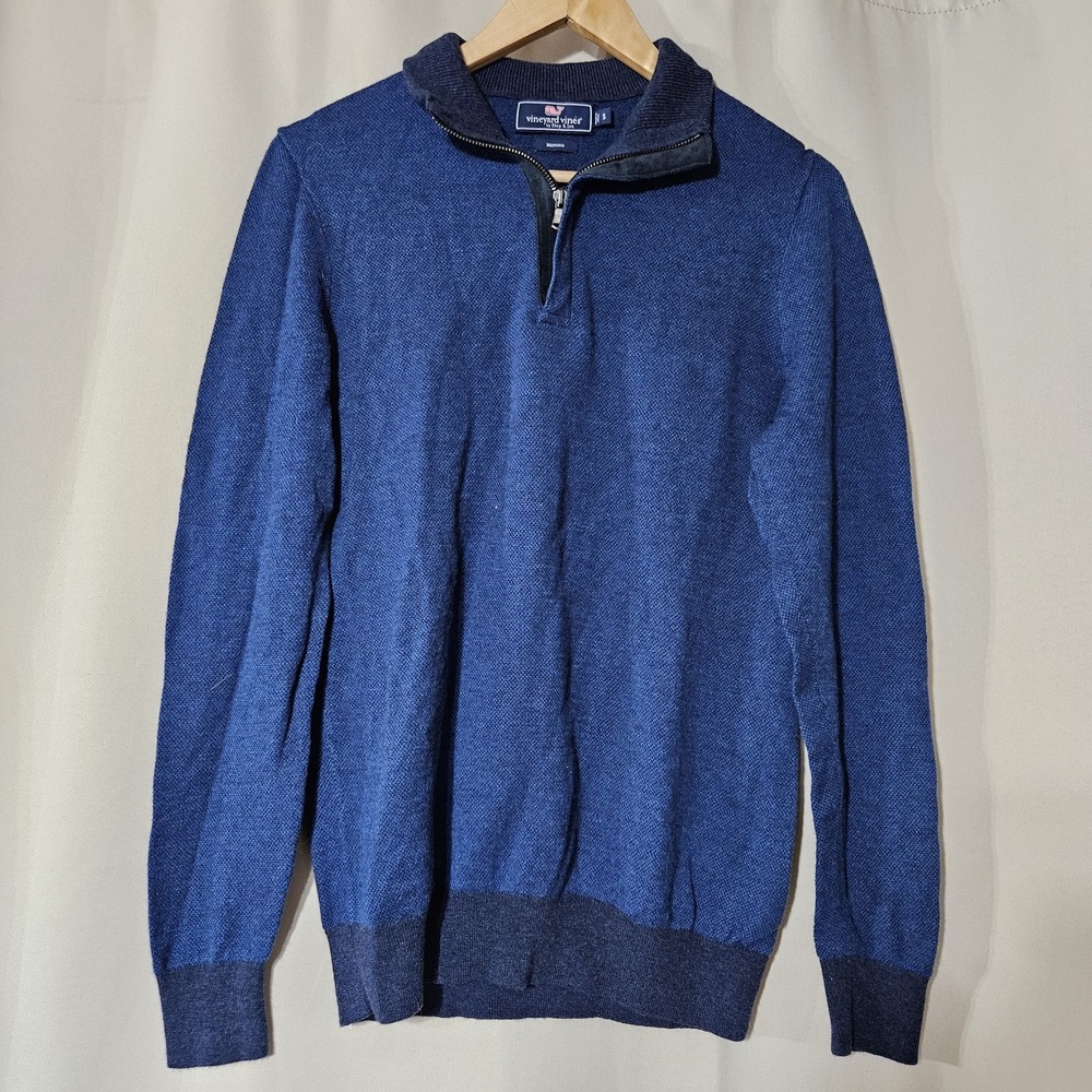 Vineyard Vines Mens Small‎ 100% Merino Wool Birdseye Mock 1/4 Zip Sweater Blue